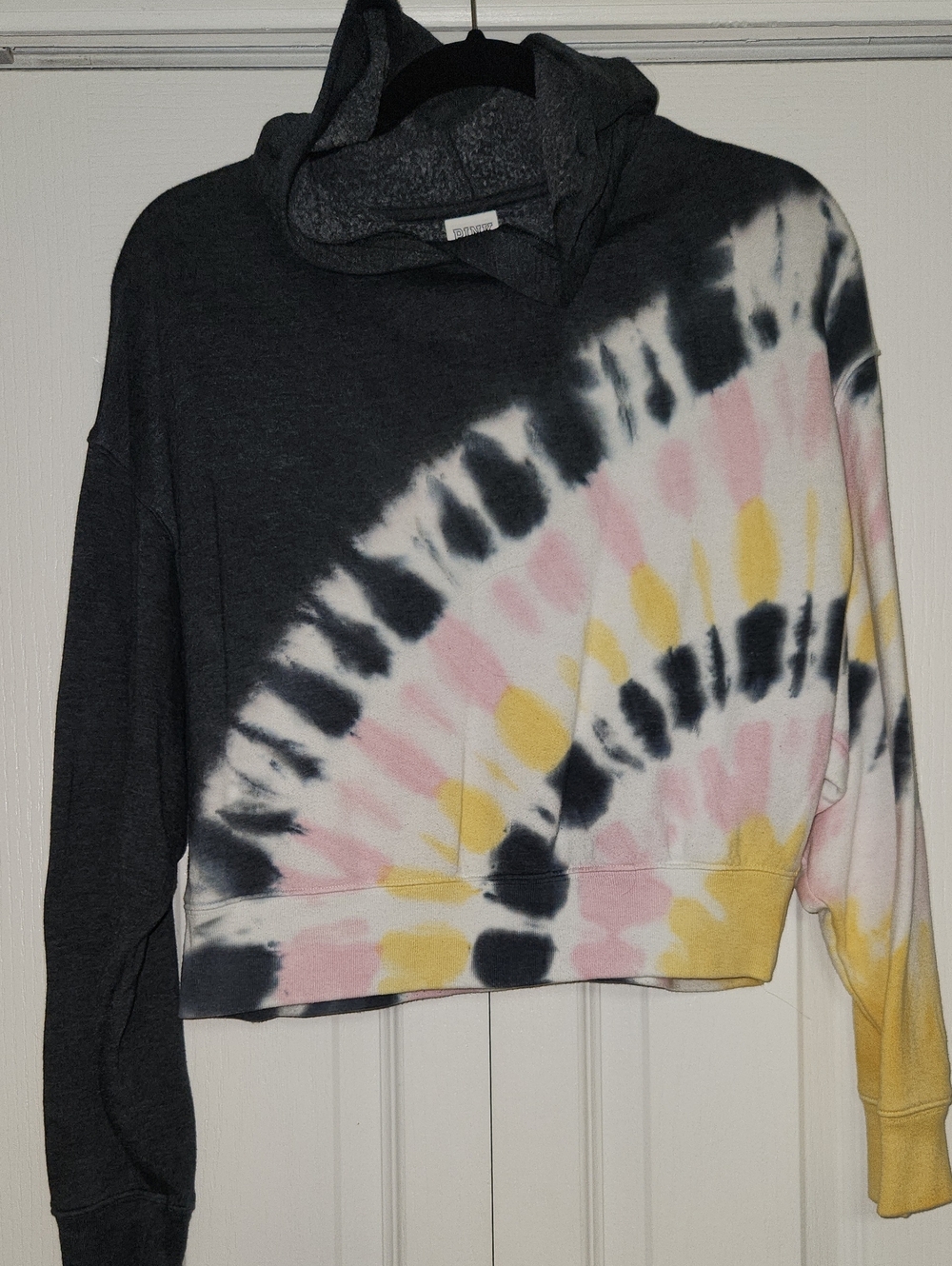 PINK Victoria's Secret Dark Gray Cropped Tie-Dye Cowl Sweater with Pink & Yellow